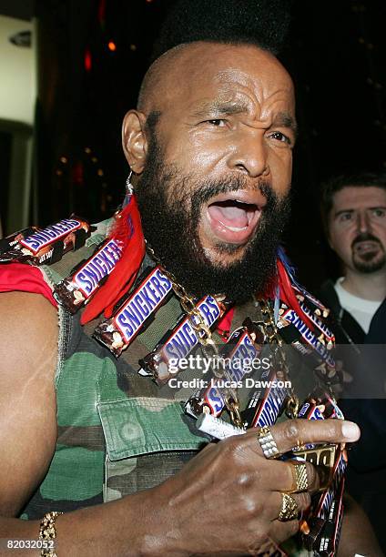 Television personality Mr T poses for a photo during a promotional tour for Snickers at the Crown Entertainment Complex on July 22, 2008 in...