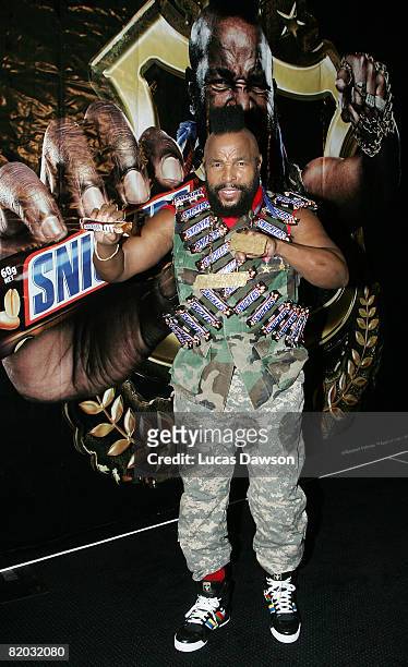 Television personality Mr T poses for a photo during a promotional tour for Snickers at the Crown Entertainment Complex on July 22, 2008 in...