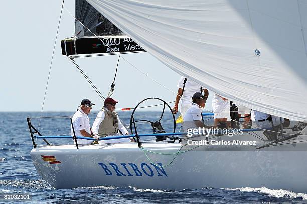 King Juan Carlos of Spain on board of 'Bribon' during the first day of The 14th Breitling Sailing Cup on July 22, 2008 in Palma de Mallorca, Spain.