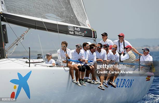 King Juan Carlos of Spain on board of 'Bribon' during the first day of The 14th Breitling Sailing Cup on July 22, 2008 in Palma de Mallorca, Spain.