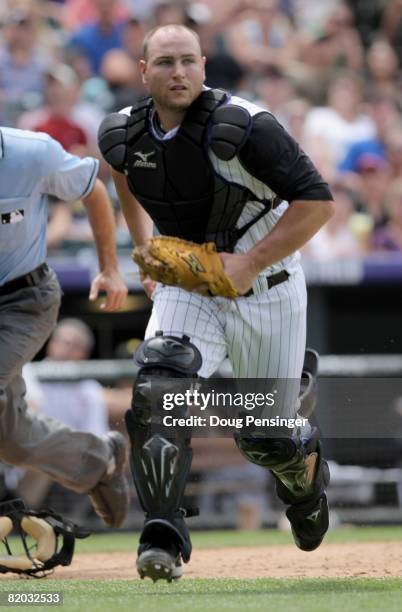 Catcher Chris Iannetta of the Colorado Rockies plays defense against the Pittsburgh Pirates at Coors Field on July 20, 2008 in Denver, Colorado. The...