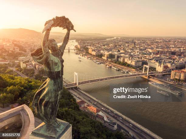 aerial view from budapest - danube river stockfoto's en -beelden