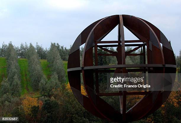 Wooden sculpture inspired by Leonardo's famous reproduction of the Vitruvian Man is seen in the square behind the Leonardo Museum, January 2, 2008 in...