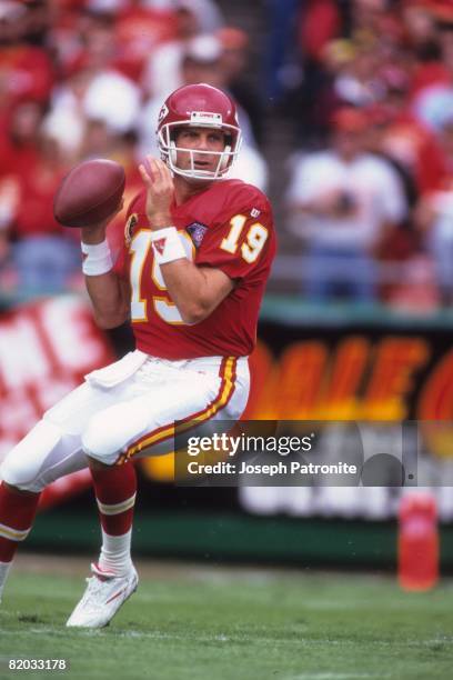 Quarterback Joe Montana of the Kansas City Chiefs sets up to pass against the Los Angeles Rams at Arrowhead Stadium in Kansas City, Missouri on...