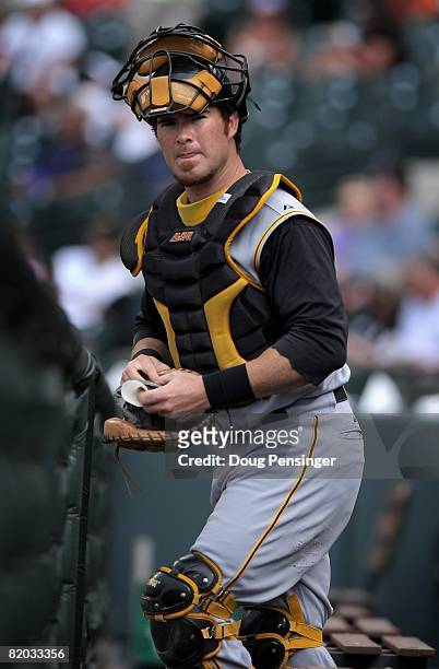 Catcher Ryan Doumit of the Pittsburgh Pirates takes the field against the Colorado Rockies at Coors Field on July 19, 2008 in Denver, Colorado. The...