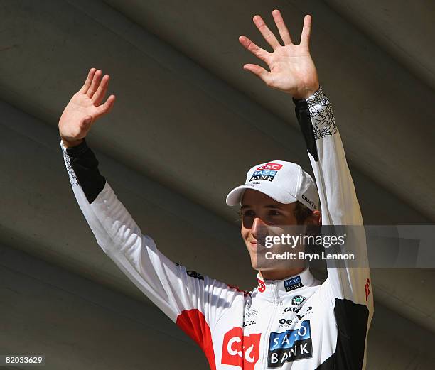 Andy Schleck of Luxembourg and Team CSC Saxo Bank took the white young riders' jersey after stage 16 of the 2008 Tour de France on July 22, 2008 in...