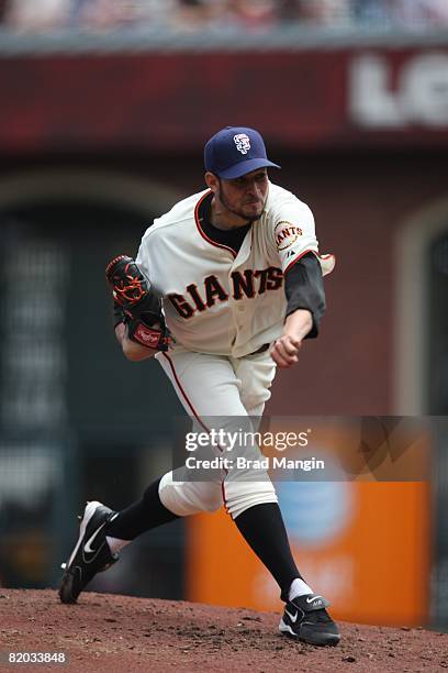 Jonathan Sanchez of the San Francisco Giants pitches during the game against the Los Angeles Dodgers at AT&T Park in San Francisco, California on...