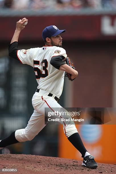 Jonathan Sanchez of the San Francisco Giants pitches during the game against the Los Angeles Dodgers at AT&T Park in San Francisco, California on...