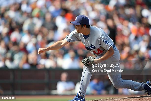 Takashi Saito of the Los Angeles Dodgers pitches during the game against the San Francisco Giants at AT&T Park in San Francisco, California on July...