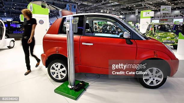 The THINK City electric, zero emissions, zero CO2, silent car on display at the International Motor Show on July 22, 2008 in London, England. Think...