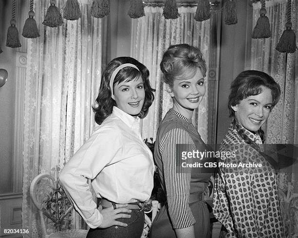 Promotional portrait of, from left, American actresses Pat Woodell , Jeannine Riley , and Linda Henning on the set of an episode of 'Petticoat...