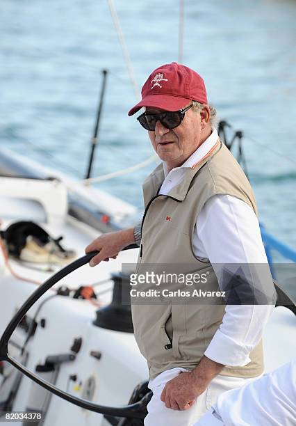 King Juan Carlos of Spain stands on board the yacht 'Bribon' during the first day of The 14th Breitling Sailing Cup on July 22, 2008 in Palma de...