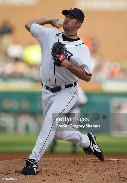 Justin Verlander of the Detroit Tigers pitches against the Cleveland Indians on July 8, 2008 at Comerica Park in Detroit, Michigan.