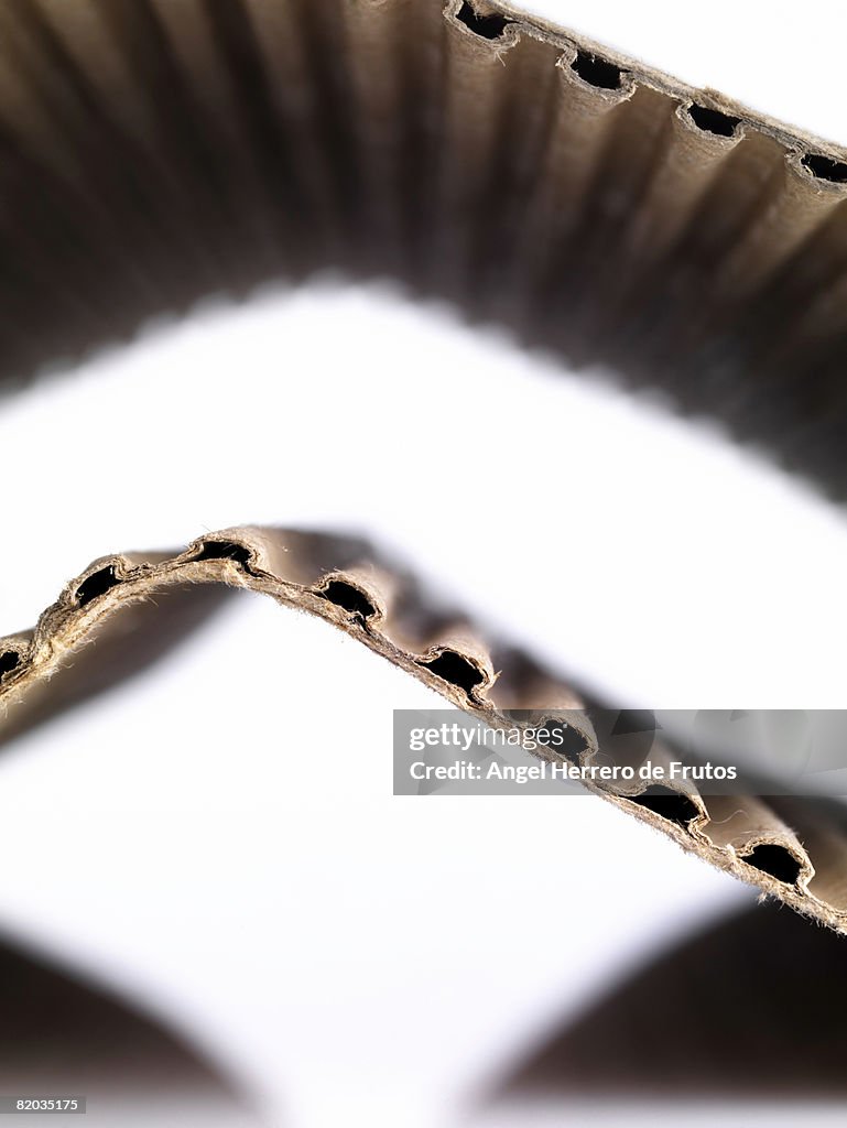 Corrugated  Cardboard paper with white background and selective focus on the edge of the cardboard. 