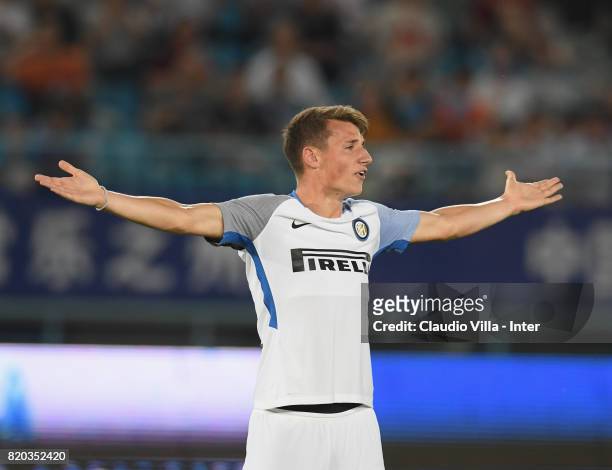 Andrea Pinamonti of FC Internazionale in action during the pre-season friendly match between FC Internazionale and FC Schalke 04 at Olympic Stadium...
