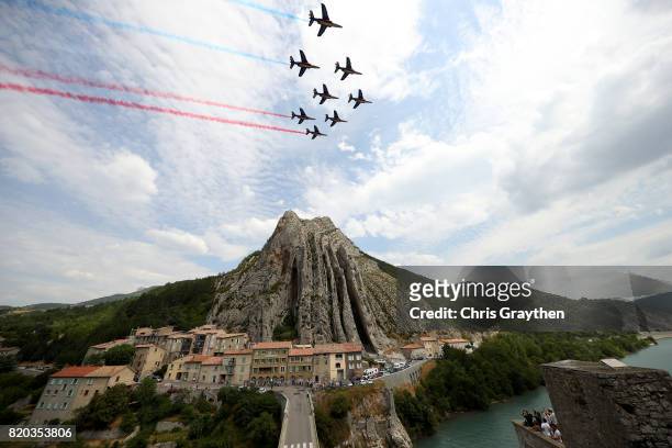 The Patrouille de France perform an aerobatic display through Sisteron during stage nineteen of the 2017 Tour de France, a 222.5km stage from Embrun...