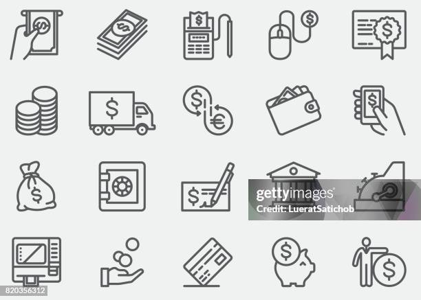 geld und bezahlung linie symbole - geldautomat stock-grafiken, -clipart, -cartoons und -symbole