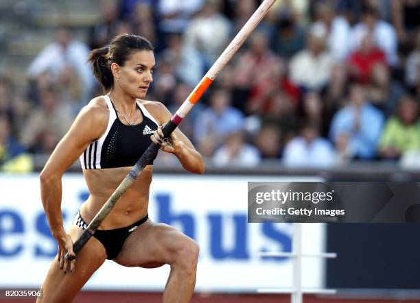 Yelena Isinbayeva of Russia wins the women's pole-vault event in The DN Galan IAAF Super Grand Prix at The Olympic Stadium on July 22, 2008 in...