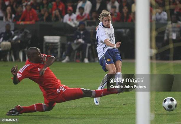 Lee Martin of Manchester United has a shot during the Vodacom Challenge pre-season friendly match between Orlando Pirates and Manchester United at...