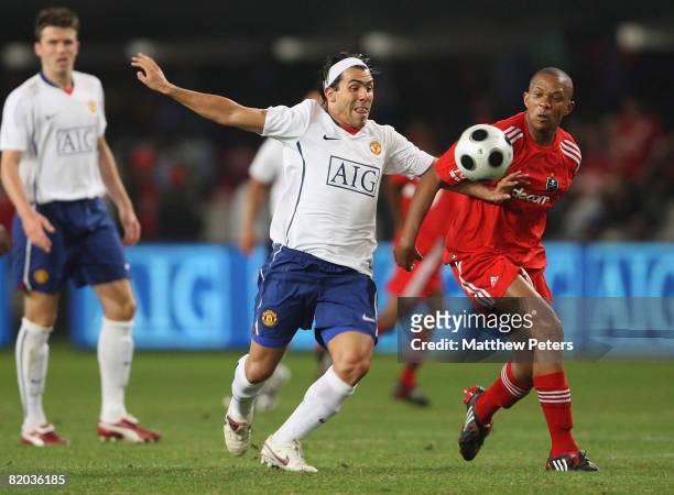 Carlos Tevez of Manchester United in action during the Vodacom Challenge pre-season friendly match between Orlando Pirates and Manchester United at...
