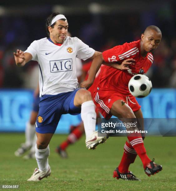 Carlos Tevez of Manchester United in action during the Vodacom Challenge pre-season friendly match between Orlando Pirates and Manchester United at...