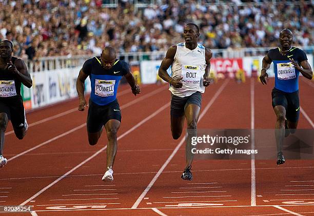 Asafa Powell of Jamaica , wins the men's 100m race with a time of 9,89 ahead of world record holder Usain Bolt of Jamaica in The DN Galan IAAF Super...