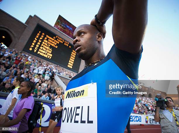 Asafa Powell of Jamaica celebrates after winning the 100 meter race clocking 9,89 in The DN Galan IAAF Super Grand Prix at The Olympic Stadium in on...