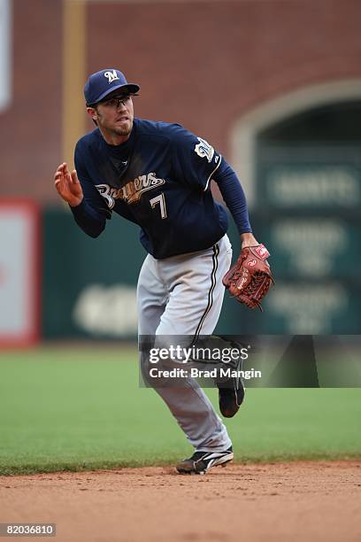 Hardy of the Milwaukee Brewers plays defense at shortstop during the game against the San Francisco Giants at AT&T Park in San Francisco, California...