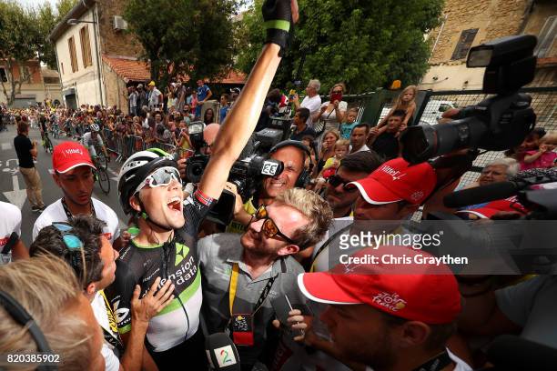 Edvald Boasson Hagen of Norway riding for Team Dimension Data celebrates after winning stage 19 of the 2017 Le Tour de France, a 222.5km stage from...