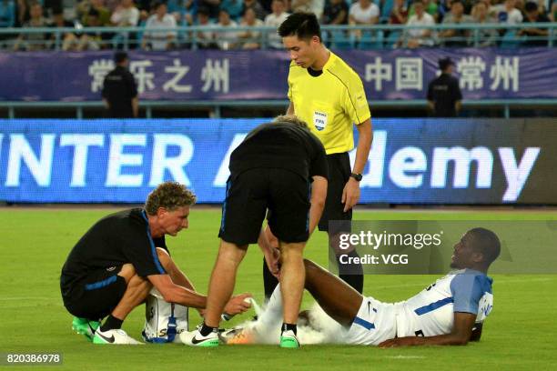 Geoffrey Kondogbia of FC Internazionale lies on the ground during the pre-season friendly match between FC Internazionale and FC Schalke 04 at...