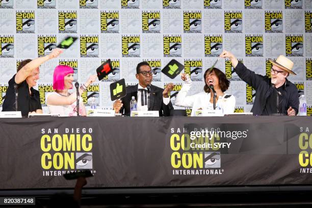 Hosts The Great Debate Panel" -- Pictured: John Barrowman, Charlie Jane Anders, Orlando Jones, Aisha Tyler, and Adam Savage --