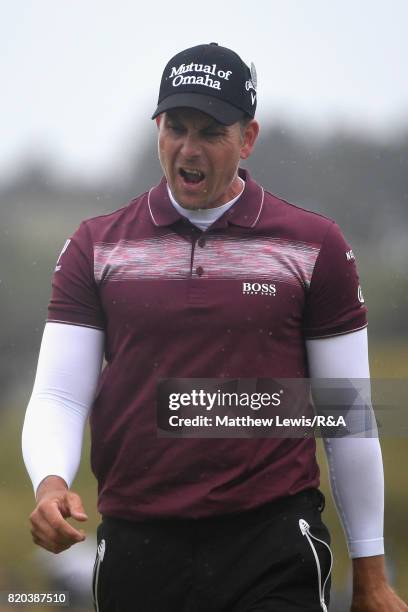Henrik Stenson of Sweden reacts on the 16th green during the second round of the 146th Open Championship at Royal Birkdale on July 21, 2017 in...