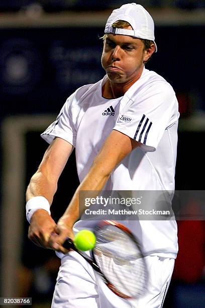 Sam Querrey of the United States returns a shot to Marat Safin of Russia during the Rogers Cup at the Rexall Centre at York University July 22, 2008...