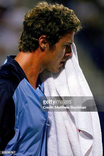 Marat Safin of Russia towels off between points against Sam Querrey of the United States during the Rogers Cup at the Rexall Centre at York...