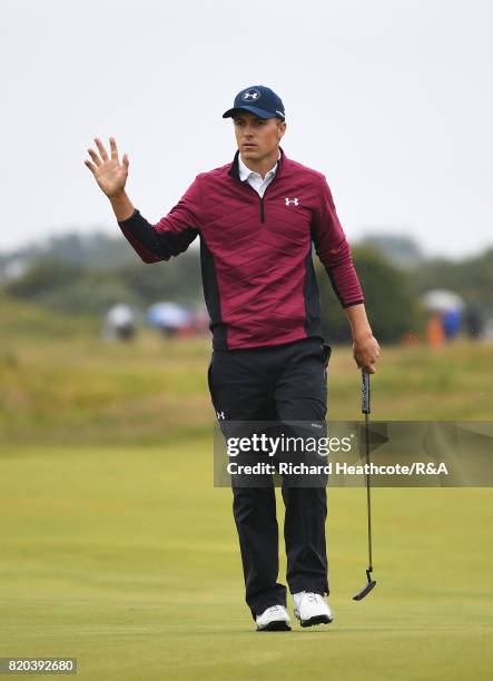 Jordan Spieth of the United States celebrates an eagle putt on the 15th hole during the second round of the 146th Open Championship at Royal Birkdale...