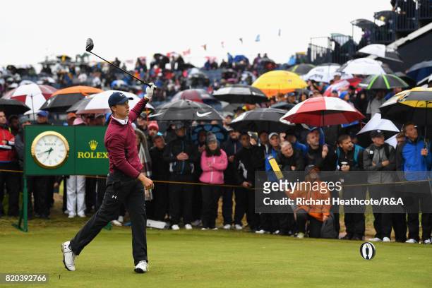 Jordan Spieth of the United States tees off on the 15th hole during the second round of the 146th Open Championship at Royal Birkdale on July 21,...