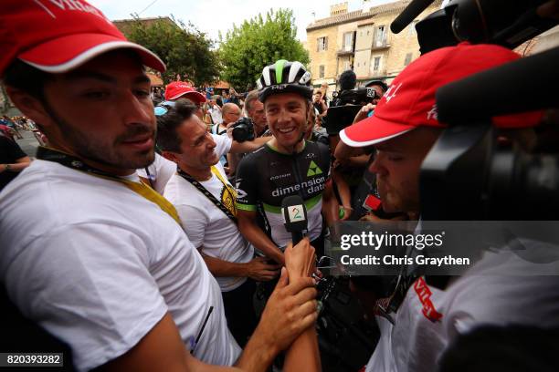 Edvald Boasson Hagen of Norway riding for Team Dimension Data celebrates after winning stage 19 of the 2017 Le Tour de France, a 222.5km stage from...