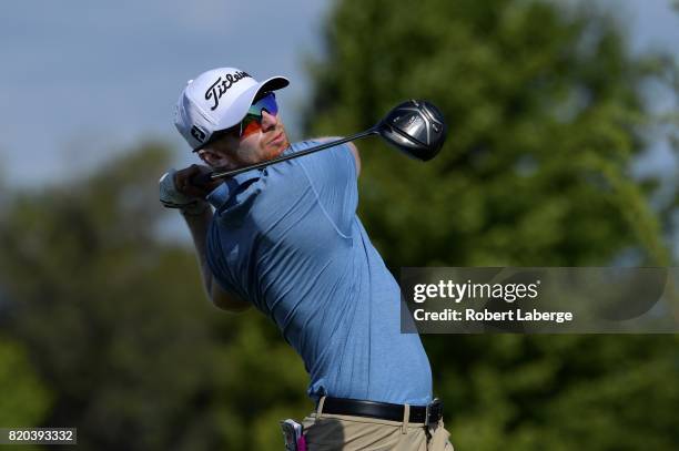 Anders Albertson makes a tee shot on the 14th hole during round two of the Web.com Tour Pinnacle Bank Championship on July 21, 2017 at the Indian...