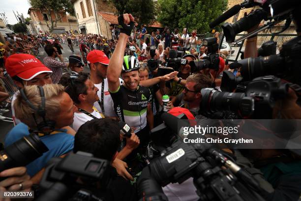 Edvald Boasson Hagen of Norway riding for Team Dimension Data celebrates after winning stage 19 of the 2017 Le Tour de France, a 222.5km stage from...