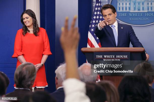 White House Principal Deputy Press Secretary Sarah Huckabee Sanders and Anthony Scaramucci conduct the daily White House press briefing in the Brady...