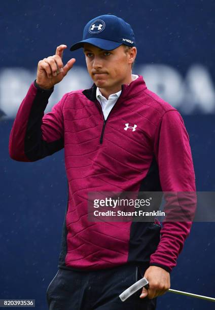 Jordan Spieth of the United States acknowledges the crowd on the 18th green during the second round of the 146th Open Championship at Royal Birkdale...