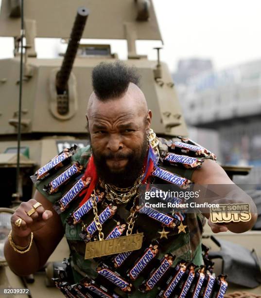 Television personality Mr T plays up to the media during a promotional tour for Snickers at the Olympic Park Precinct on July 23, 2008 in Melbourne,...