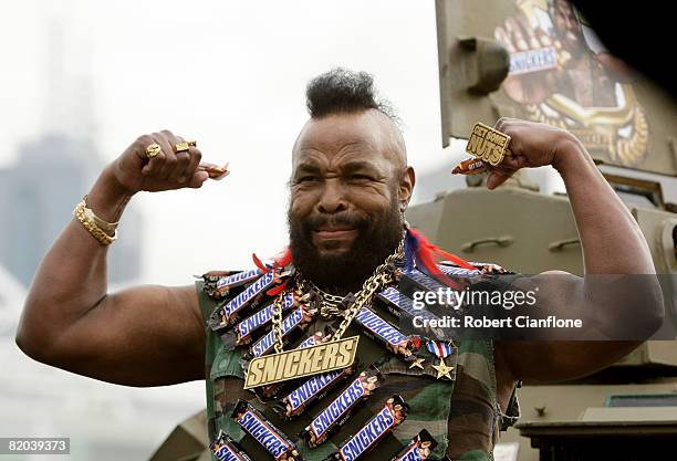 Television personality Mr T plays up to the media during a promotional tour for Snickers at the Olympic Park Precinct on July 23, 2008 in Melbourne,...