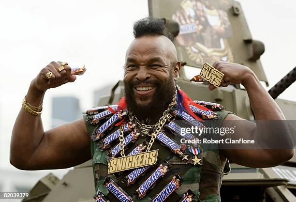 Television personality Mr T plays up to the media during a promotional tour for Snickers at the Olympic Park Precinct on July 23, 2008 in Melbourne,...