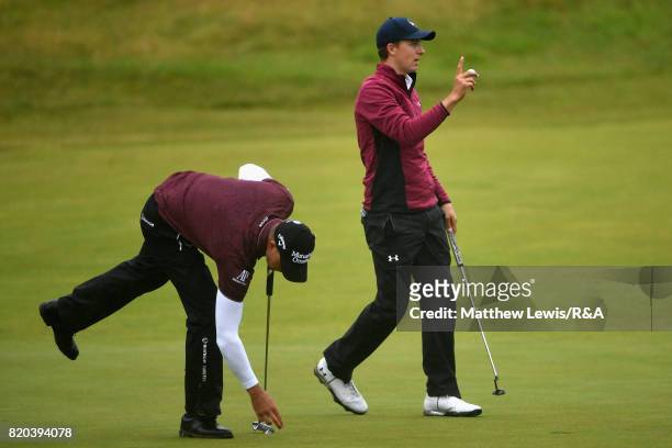 Jordan Spieth of the United States acknowledges the crowd on the 18th hole during the second round of the 146th Open Championship at Royal Birkdale...