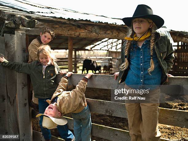 kids hanging out on fence - girl and blond hair and cowboy hat stock pictures, royalty-free photos & images