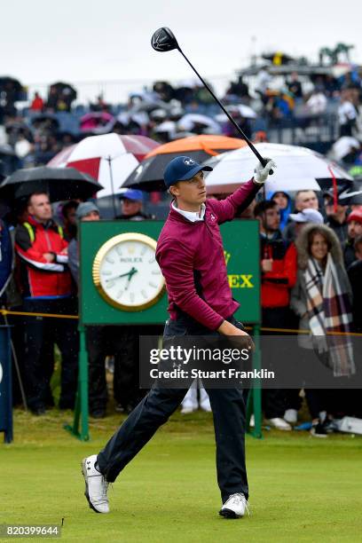 Jordan Spieth of the United States hits his tee shot on the 15th hole during the second round of the 146th Open Championship at Royal Birkdale on...