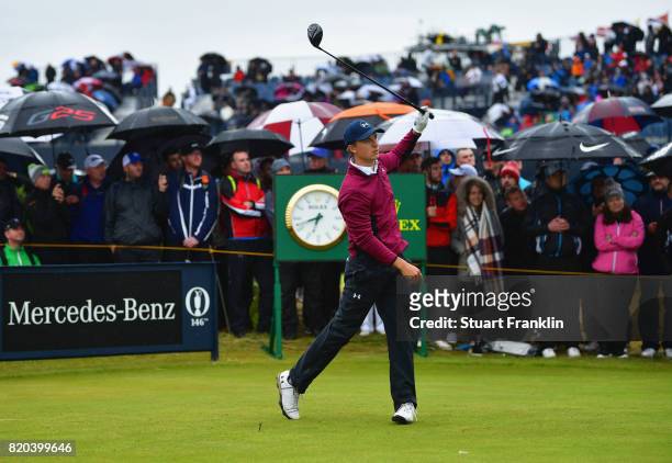 Jordan Spieth of the United States hits his tee shot on the 15th hole during the second round of the 146th Open Championship at Royal Birkdale on...