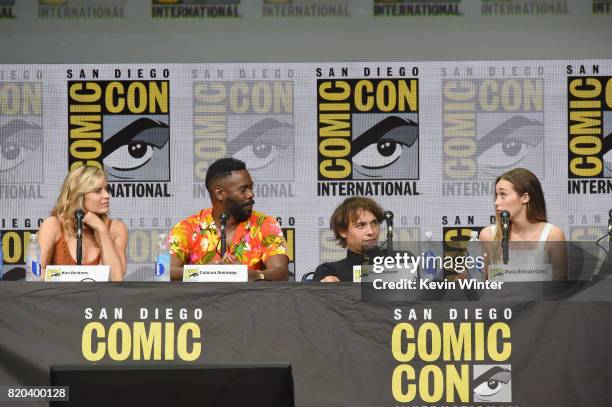 Actors Kim Dickens, Colman Domingo, Frank Dillane, and Alycia Debnam-Carey speak onstage at the "Fear The Walking Dead" panel during Comic-Con...