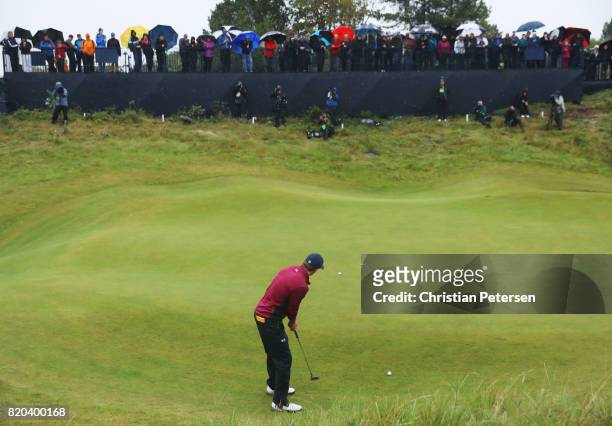 Jordan Spieth of the United States putts onto the 17th green during the second round of the 146th Open Championship at Royal Birkdale on July 21,...
